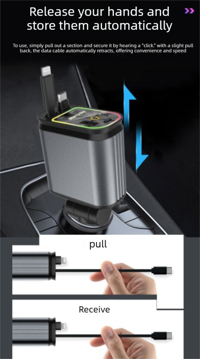 4-in-1 Retractable Car Charger Adapter 120W Max Fast Charging Dual Cables Type-C & Lightning Starry Sky Projector Light 12V-24V for iPhone Samsung