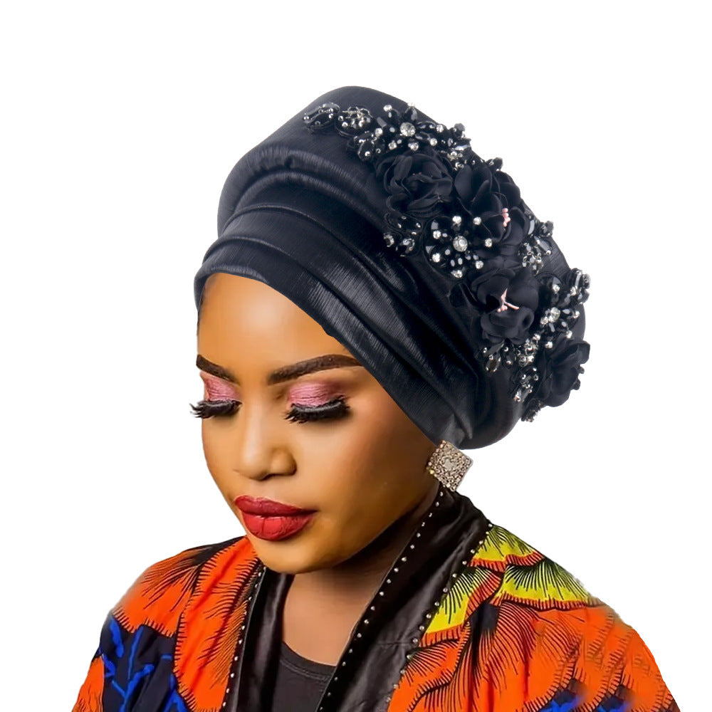 Women's Luxury Black Turban Hat with Beaded Floral Embellishments Pre-Tied African Style Headwrap for Weddings Parties & Special Occasions