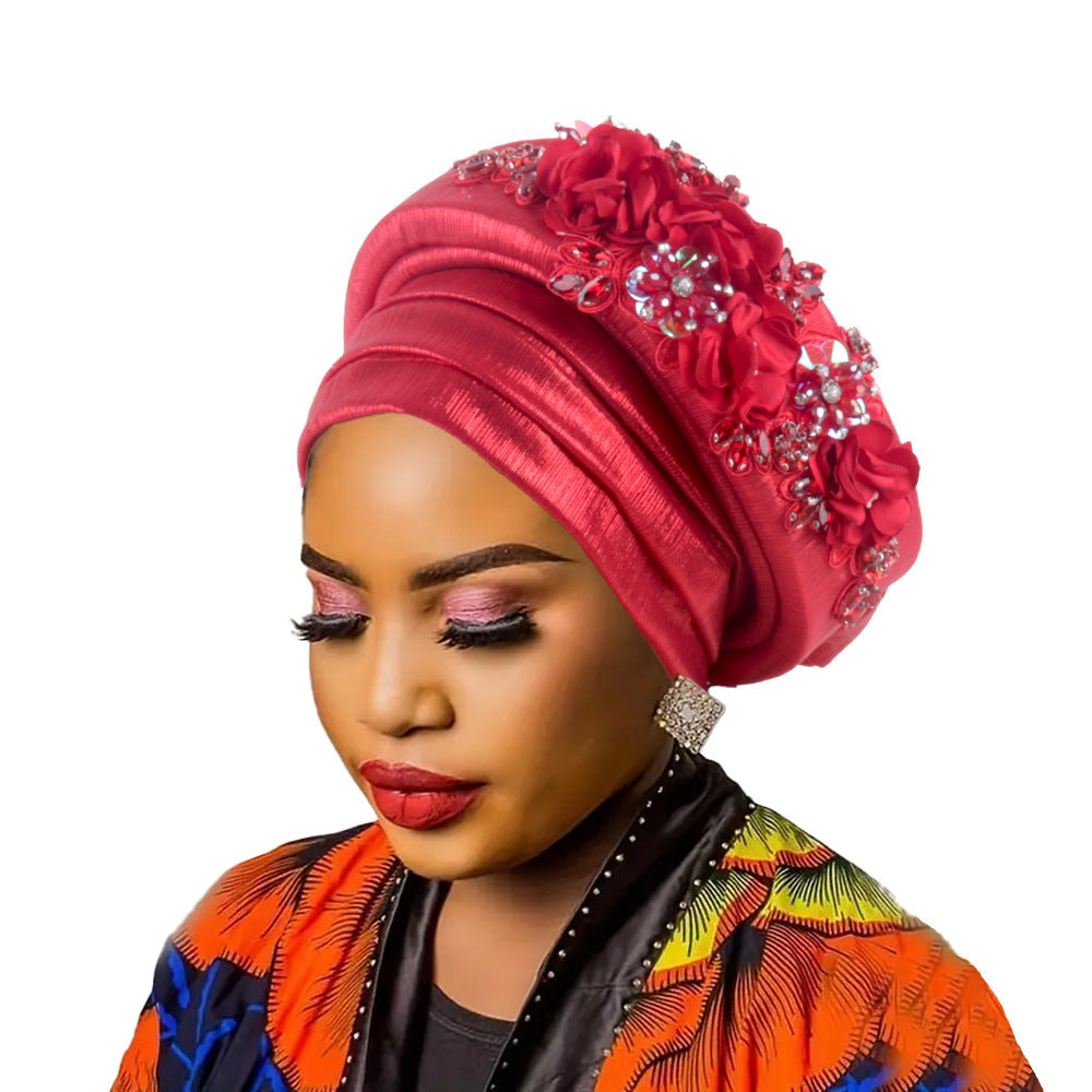 Women's Luxury Red Turban Hat with Beaded Floral Embellishments Pre-Tied African Style Headwrap for Weddings Parties & Special Occasions