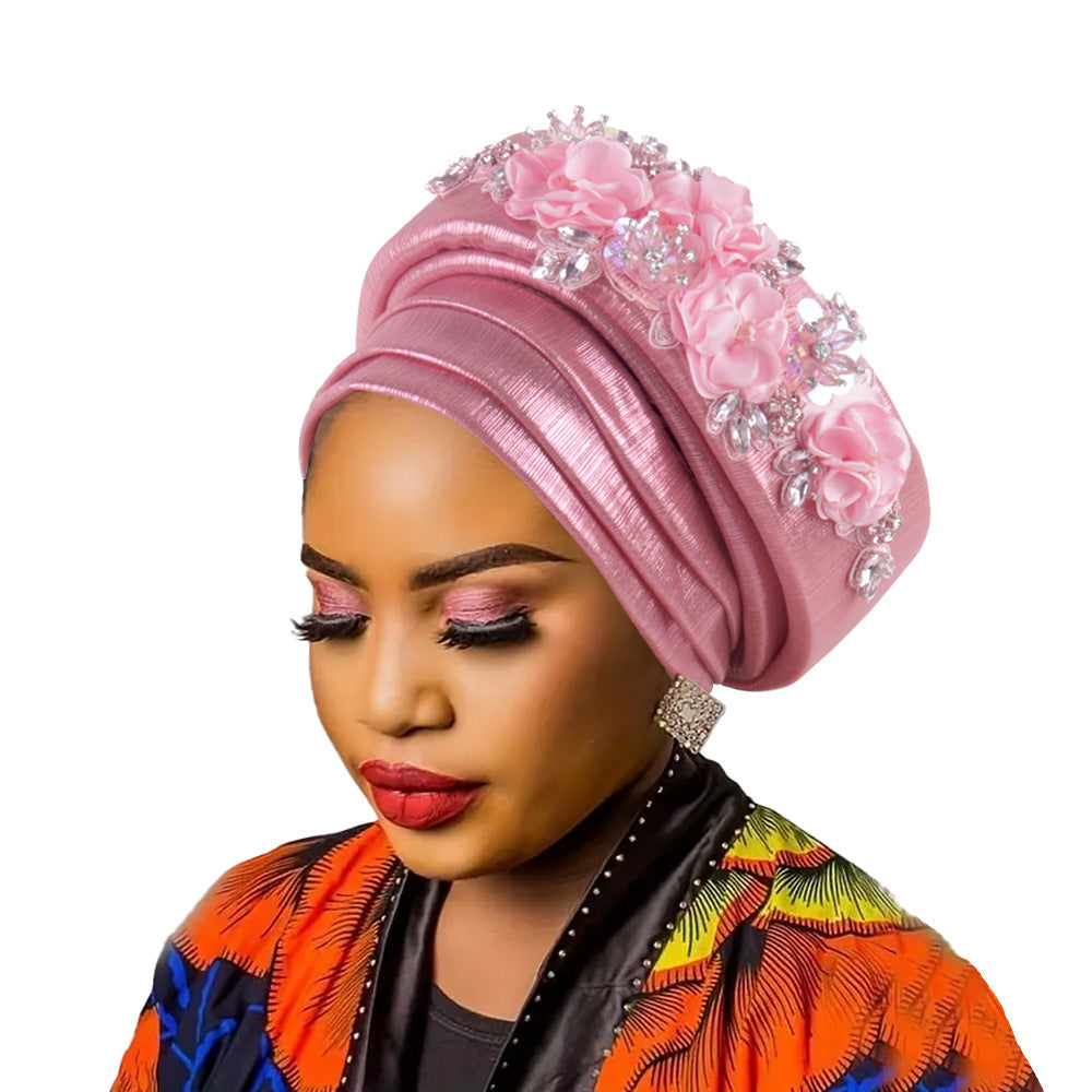 Women's Luxury Pink Turban Hat with Beaded Floral Embellishments Pre-Tied African Style Headwrap for Weddings Parties & Special Occasions