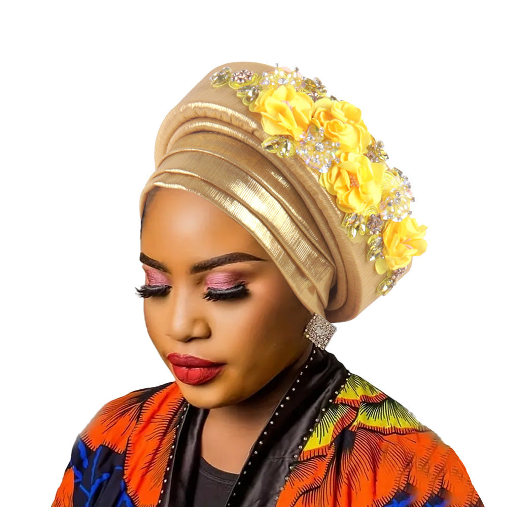 Women's Luxury Gold Turban Hat with Beaded Floral Embellishments Pre-Tied African Style Headwrap for Weddings Parties &amp; Special Occasions