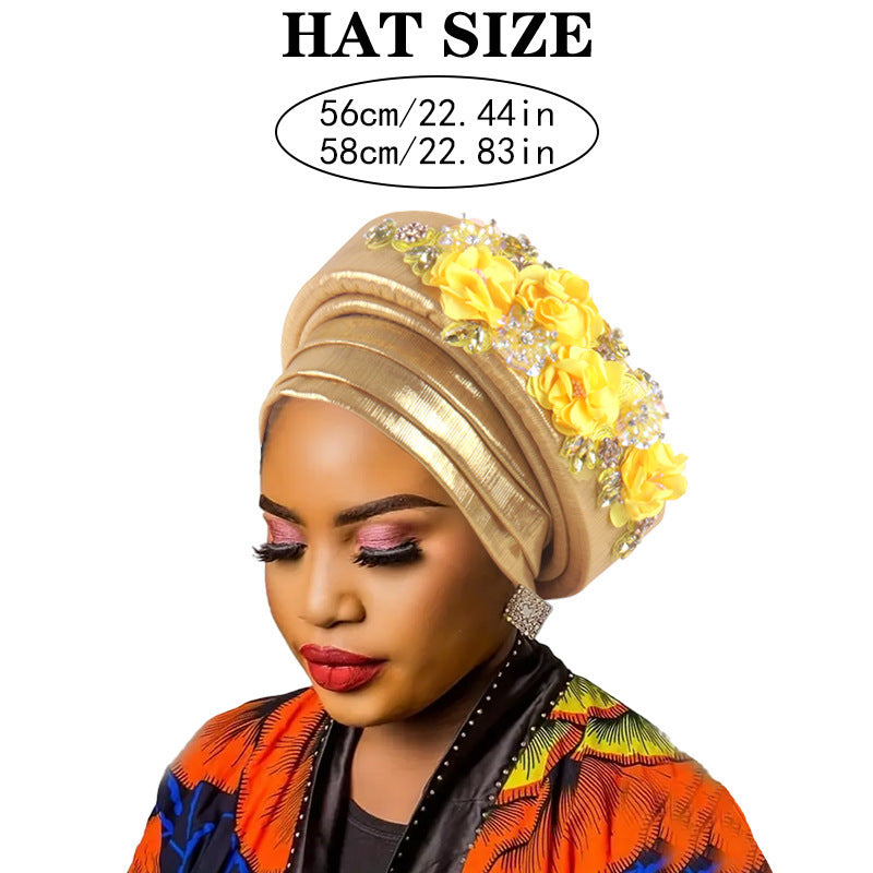 Women's Luxury Gold Turban Hat with Beaded Floral Embellishments Pre-Tied African Style Headwrap for Weddings Parties & Special Occasions