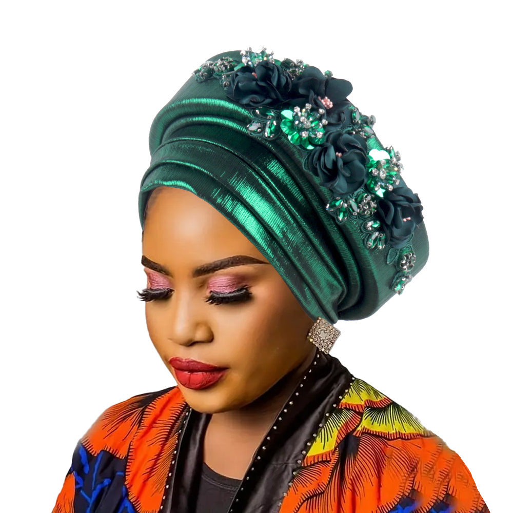 Women's Luxury Green Turban Hat with Beaded Floral Embellishments Pre-Tied African Style Headwrap for Weddings Parties &amp; Special Occasions