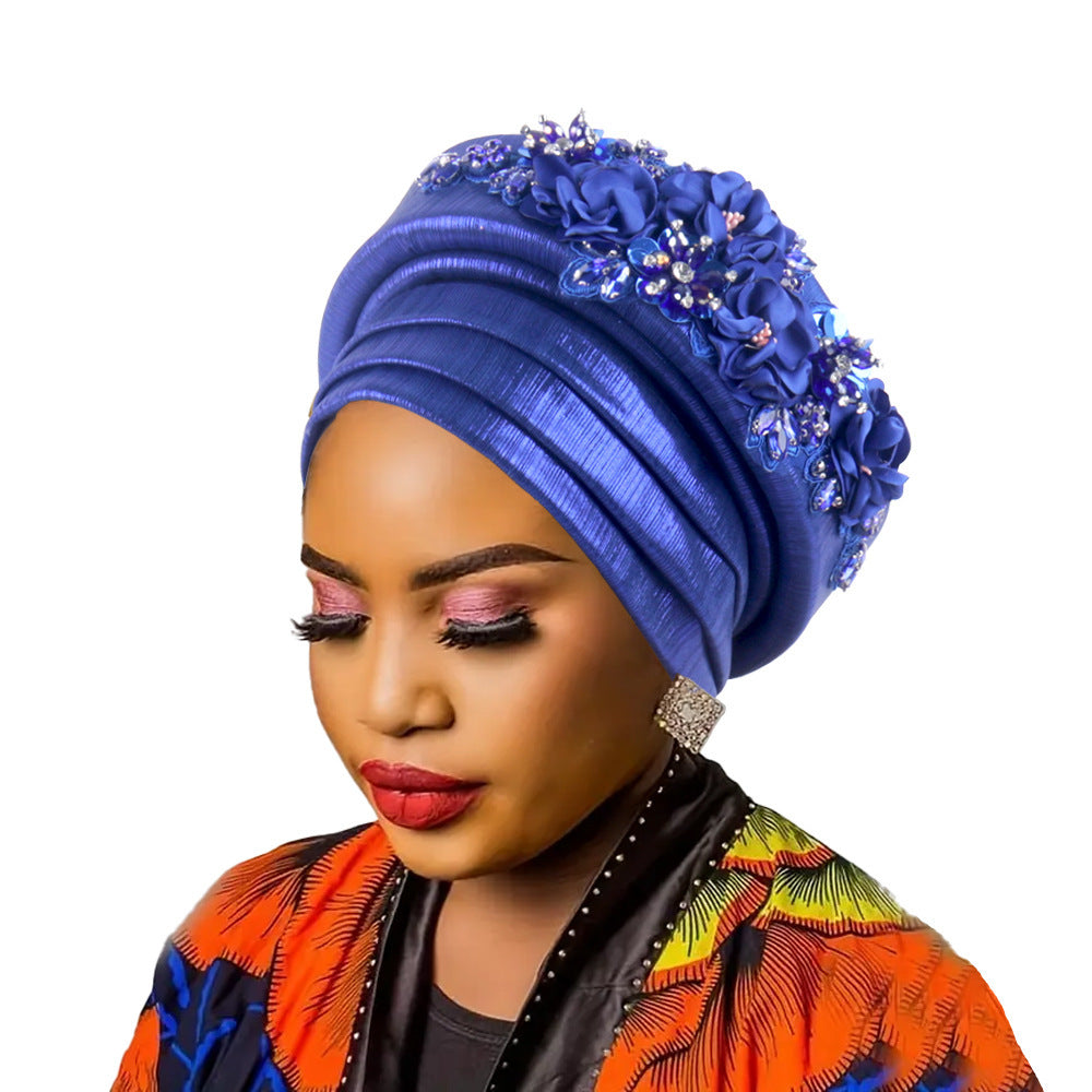 Women's Luxury Navy Blue Turban Hat with Beaded Floral Embellishments Pre-Tied African Style Headwrap for Weddings Parties &amp; Special Occasions