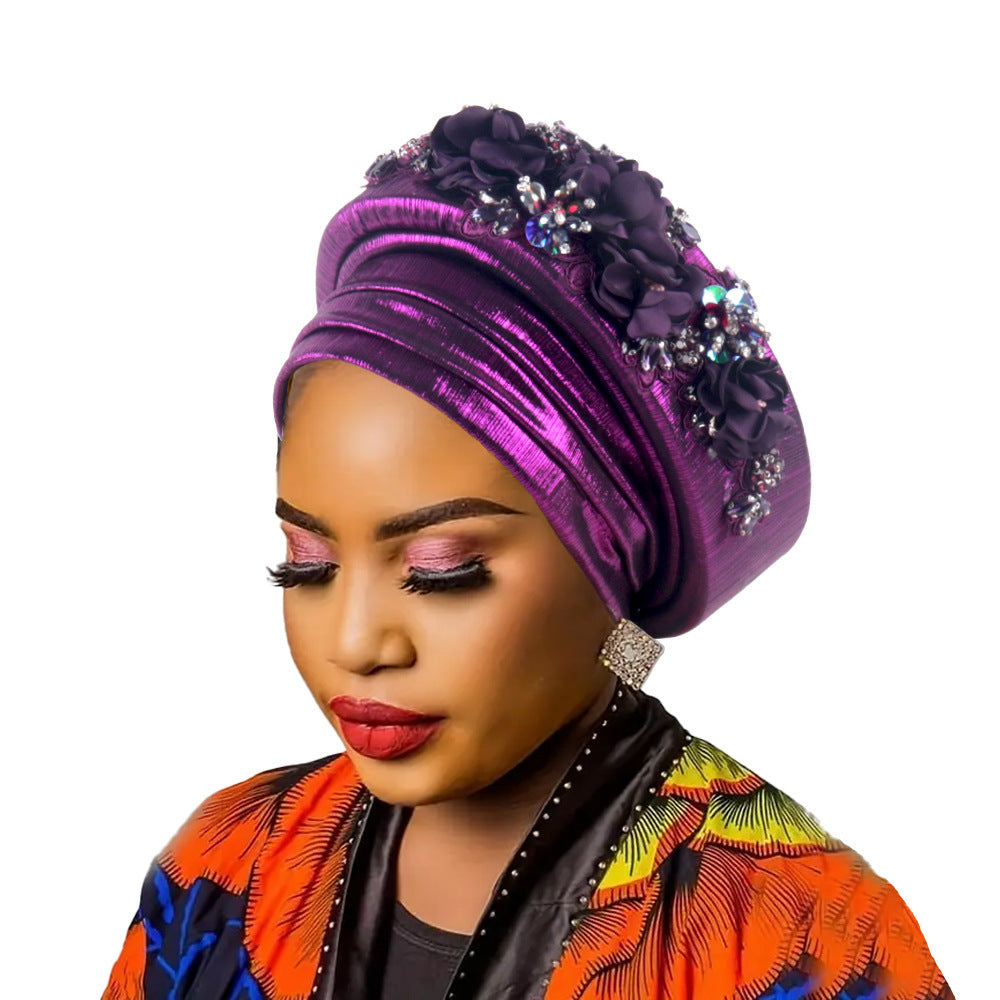 Women's Luxury Purple Turban Hat with Beaded Floral Embellishments Pre-Tied African Style Headwrap for Weddings Parties &amp; Special Occasions