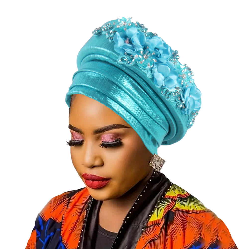 Women's Luxury Lake Blue Turban Hat with Beaded Floral Embellishments Pre-Tied African Style Headwrap for Weddings Parties &amp; Special Occasions