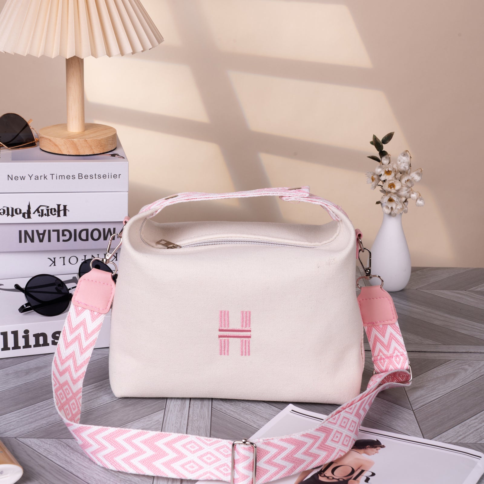 Women's Minimalist Canvas Crossbody Bag with Wide Pink Webbing Strap Casual Shoulder Handbag Large Capacity for Daily Use - Cream White