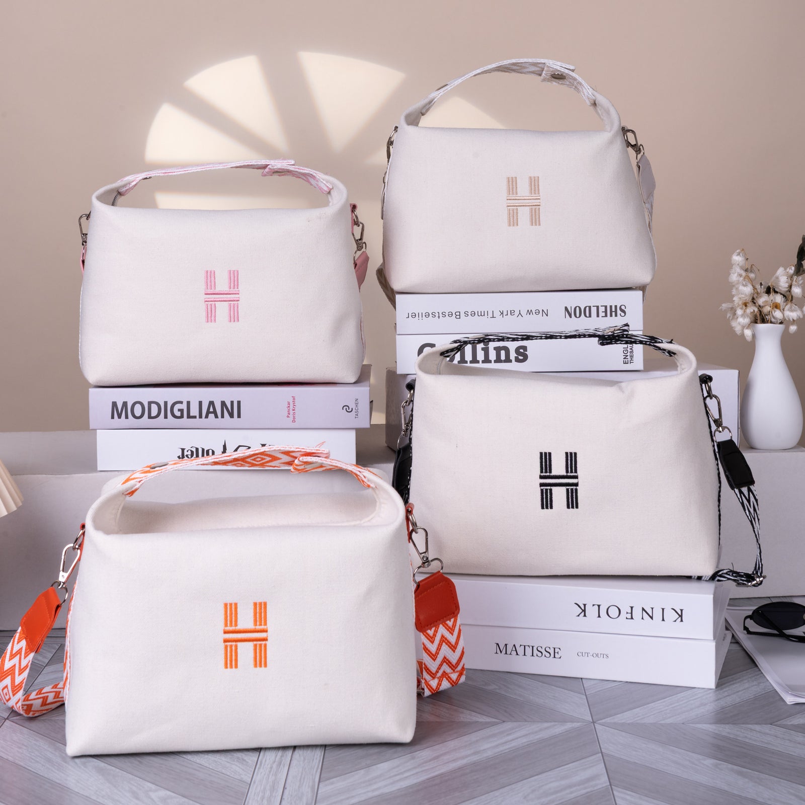 Women's Minimalist Canvas Crossbody Bag with Wide Orange Webbing Strap Casual Shoulder Handbag Large Capacity for Daily Use - Cream White