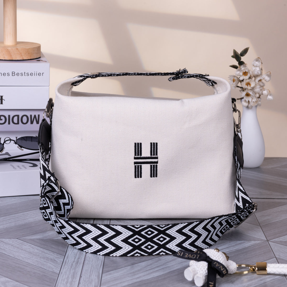 Women's Minimalist Canvas Crossbody Bag with Wide Black Webbing Strap Casual Shoulder Handbag Large Capacity for Daily Use - Cream White