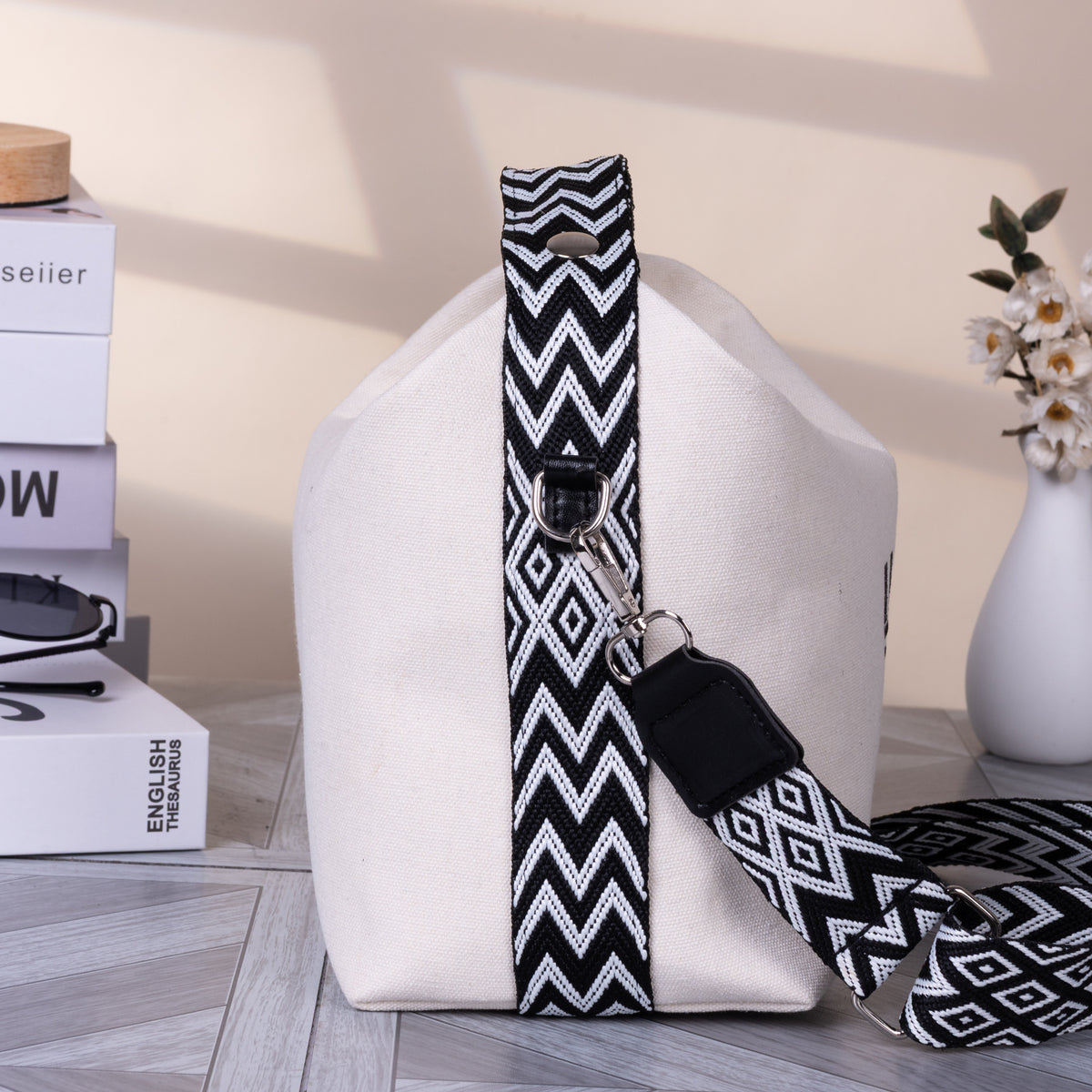 Women's Minimalist Canvas Crossbody Bag with Wide Black Webbing Strap Casual Shoulder Handbag Large Capacity for Daily Use - Cream White