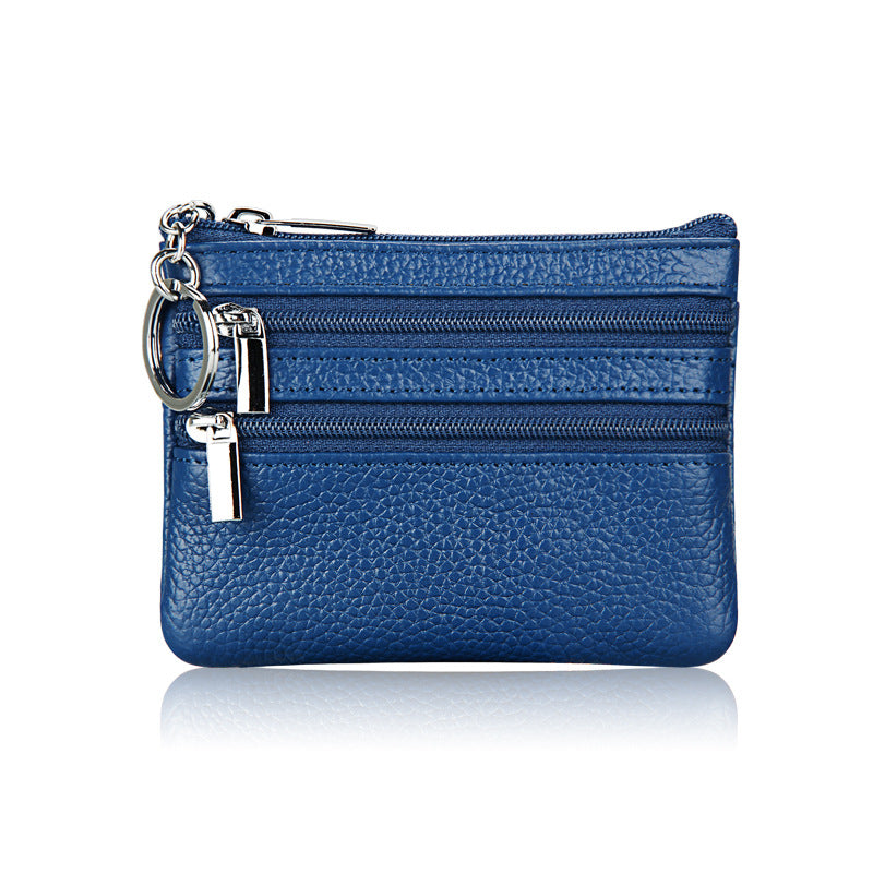 Genuine Leather Coin Purse Mini Wallet with Triple Zipper Pockets Key Ring Holder Pouch for Cash &amp; Cards - Blue