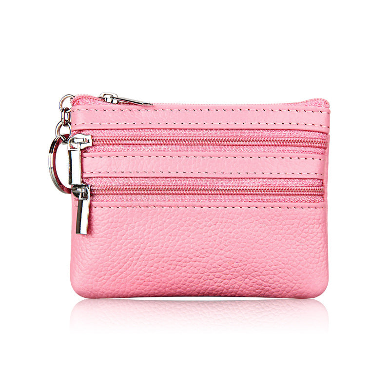 Genuine Leather Coin Purse Mini Wallet with Triple Zipper Pockets Key Ring Holder Pouch for Cash & Cards - Pink