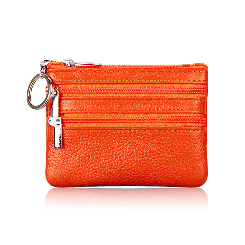 Genuine Leather Coin Purse Mini Wallet with Triple Zipper Pockets Key Ring Holder Pouch for Cash & Cards - Orange
