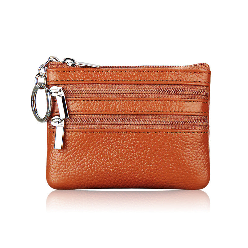 Genuine Leather Coin Purse Mini Wallet with Triple Zipper Pockets Key Ring Holder Pouch for Cash &amp; Cards - Brown