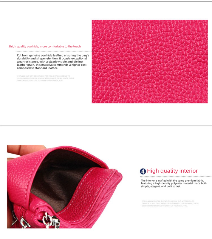 Genuine Leather Coin Purse Mini Wallet with Triple Zipper Pockets Key Ring Holder Pouch for Cash & Cards - Rose Red