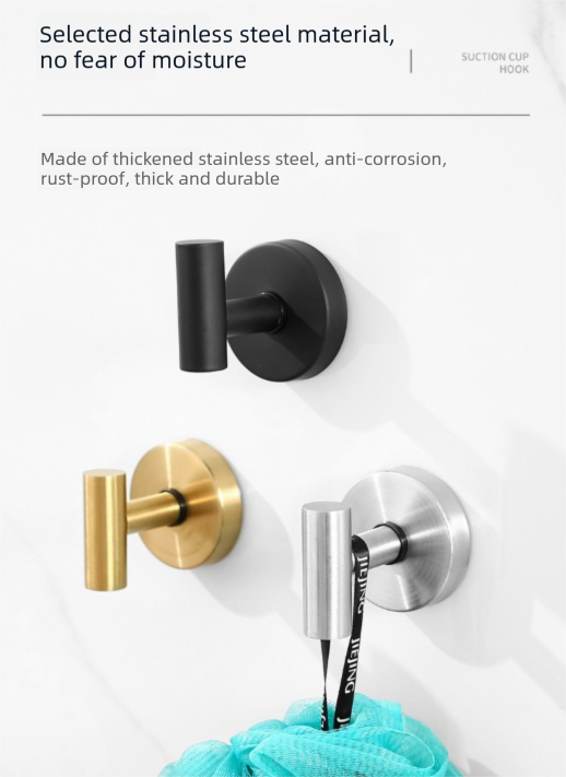 Heavy Duty Stainless Steel Suction Cup Hook Vacuum Wall Hanger Brushed Black No Drill Towel Holder for Bathroom Kitchen & Shower - Waterproof
