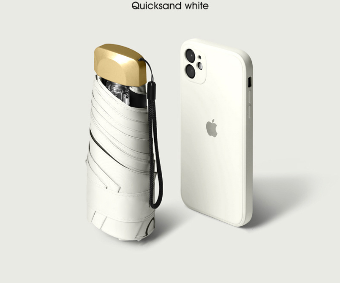 Compact Mini Pocket Umbrella UPF50+ Sun Protection Lightweight Travel Parasol - Windproof 5-Fold Rain Shade with Flat Gold Handle (Quicksand White)