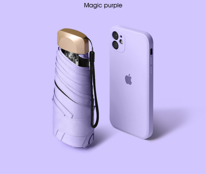 Compact Mini Pocket Umbrella UPF50+ Sun Protection Lightweight Travel Parasol - Windproof 5-Fold Rain Shade with Flat Gold Handle (Purple)