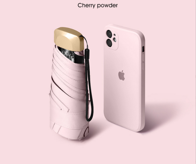 Compact Mini Pocket Umbrella UPF50+ Sun Protection Lightweight Travel Parasol - Windproof 5-Fold Rain Shade with Flat Gold Handle (Pink)