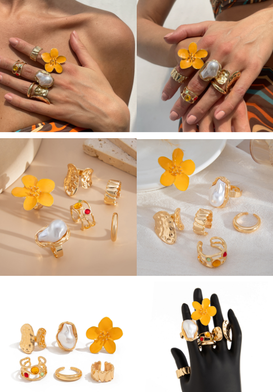 6-Piece Gold Chunky Stackable Ring Set Yellow Enamel Flower & Baroque Pearl - Adjustable Open Finger Jewellery for Women (Light Gold)