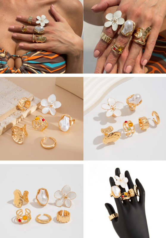 6-Piece Gold Chunky Stackable Ring Set Orange Enamel Flower & Baroque Pearl - Adjustable Open Finger Jewellery for Women (Light Gold)
