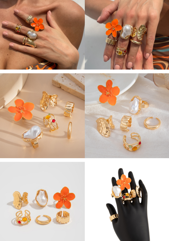 6-Piece Gold Chunky Stackable Ring Set White Enamel Flower & Baroque Pearl - Adjustable Open Finger Jewellery for Women (Light Gold)