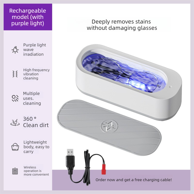 Portable Sonic Vibration Jewellery &amp; Glasses Cleaner Machine - Rechargeable High Frequency Washing Box with UV Light for Watches, Makeup Brushes &amp; Dentures (White)