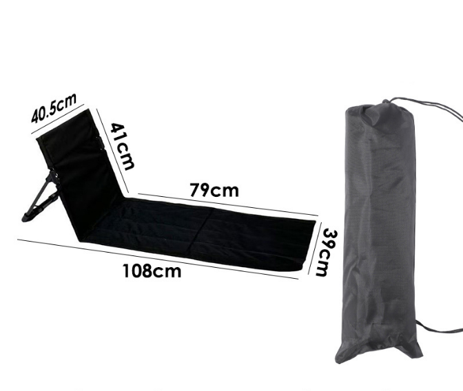Portable Outdoor Folding Ground Chair with Back Support (Extra Long Black) - Lightweight Padded Beach Mat & Picnic Seat for Camping, Festivals & Parks