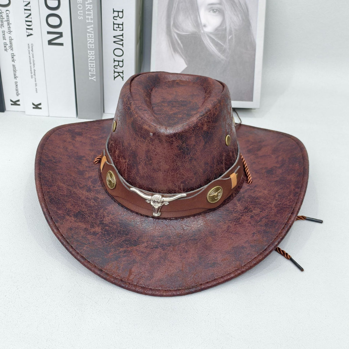 Rustic Western Cowboy Hat - Distressed Faux Leather Look Wide Brim Outback Sun Hat with Bull Head Emblem for Men &amp; Women (Coffee Brown)