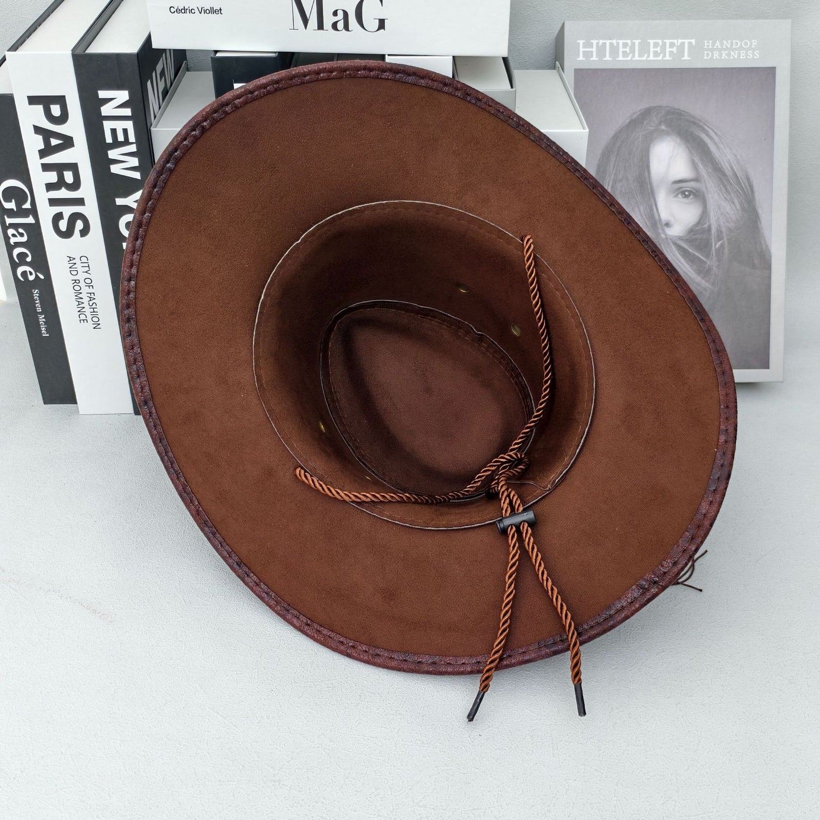 Rustic Western Cowboy Hat - Distressed Faux Leather Look Wide Brim Outback Sun Hat with Bull Head Emblem for Men & Women (Coffee Brown)