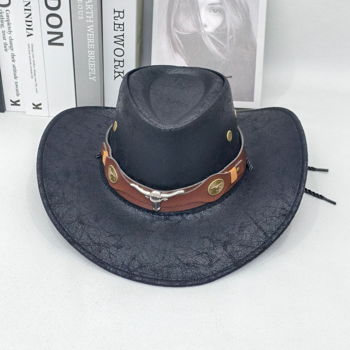 Rustic Western Cowboy Hat - Distressed Faux Leather Look Wide Brim Outback Sun Hat with Bull Head Emblem for Men &amp; Women (Black)