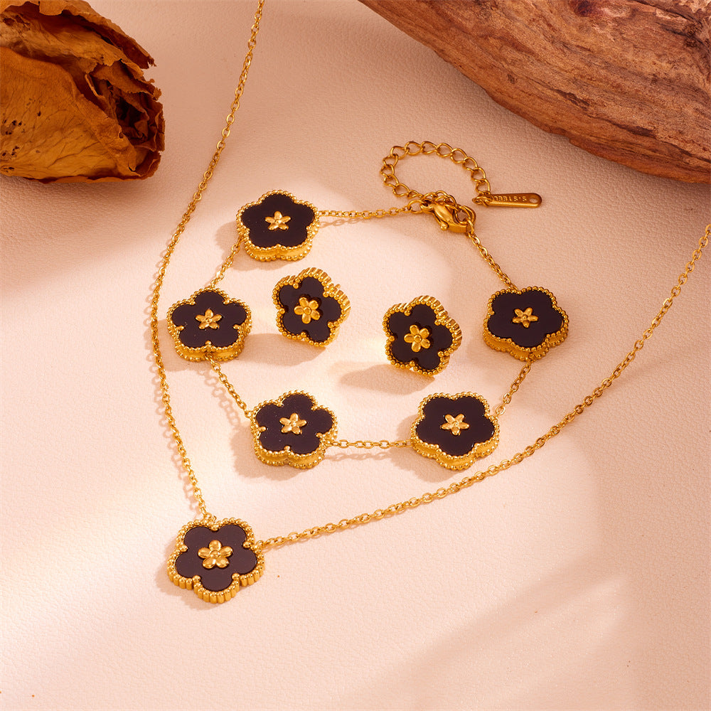 3-Piece Floral Jewellery Set (Black Shell Style) - Gold Plated Stainless Steel 5-Petal Flower Necklace, Bracelet &amp; Earrings - Tarnish Free &amp; Hypoallergenic Gift for Women