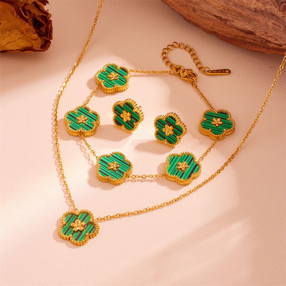 3-Piece Floral Jewellery Set (Green Shell Style) - Gold Plated Stainless Steel 5-Petal Flower Necklace, Bracelet &amp; Earrings - Tarnish Free &amp; Hypoallergenic Gift for Women