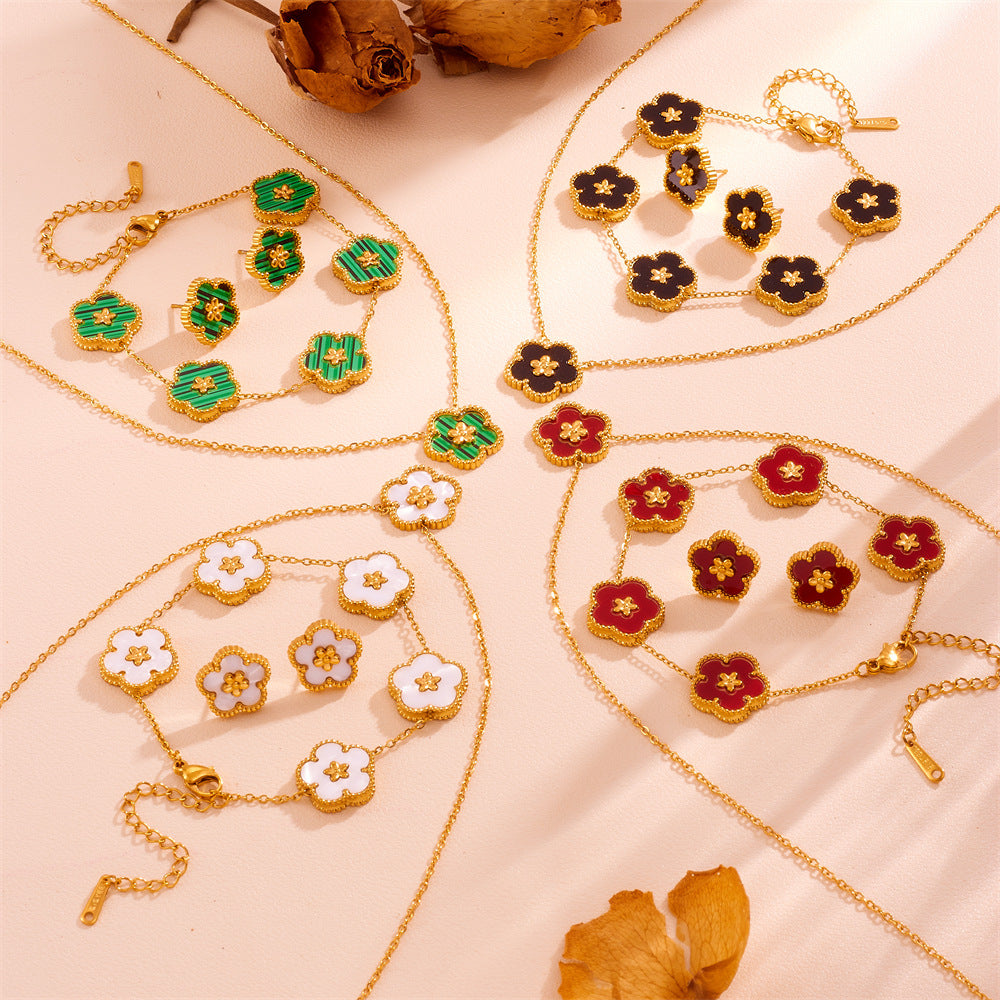 3-Piece Floral Jewellery Set (Green Shell Style) - Gold Plated Stainless Steel 5-Petal Flower Necklace, Bracelet & Earrings - Tarnish Free & Hypoallergenic Gift for Women