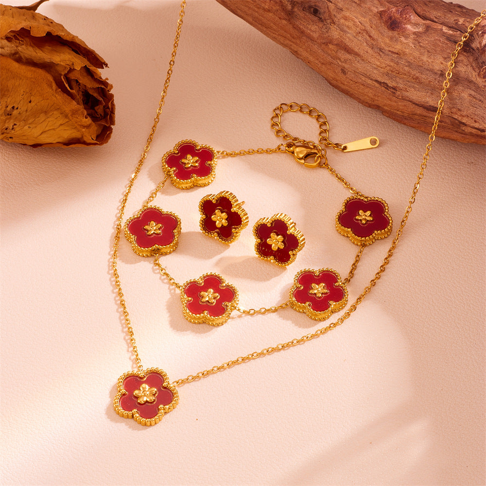 3-Piece Floral Jewellery Set (Red Shell Style) - Gold Plated Stainless Steel 5-Petal Flower Necklace, Bracelet &amp; Earrings - Tarnish Free &amp; Hypoallergenic Gift for Women