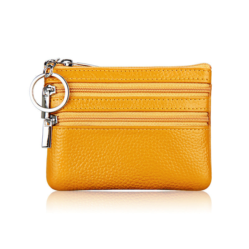 Genuine Leather Coin Purse Mini Wallet with Triple Zipper Pockets Key Ring Holder Pouch for Cash & Cards - Yellow