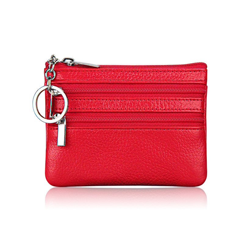 Genuine Leather Coin Purse Mini Wallet with Triple Zipper Pockets Key Ring Holder Pouch for Cash &amp; Cards - Red