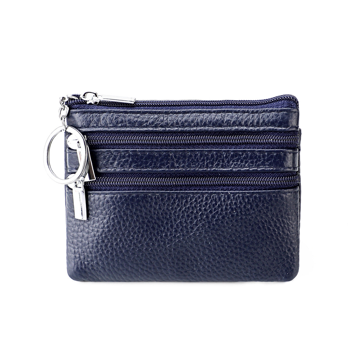 Genuine Leather Coin Purse Mini Wallet with Triple Zipper Pockets Key Ring Holder Pouch for Cash &amp; Cards - Dark Blue