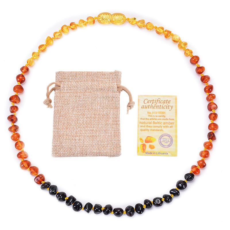 Genuine Baltic Amber Necklace for Baby &amp; Toddler - 33cm Hand Knotted Rainbow Beads - Natural Multi-Coloured Jewellery with Pouch