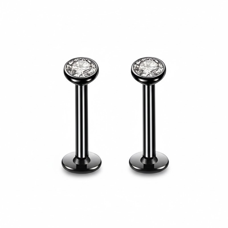 2 PCS Internally Threaded Labret Studs - 16G 8mm Stainless Steel Flat Back with 3mm CZ Crystal - Black Tone Body Piercing for Lip Tragus Helix