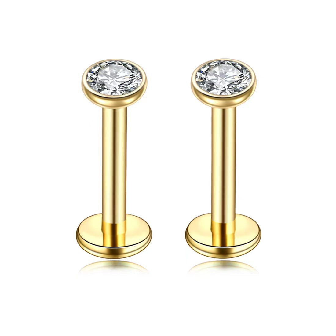 2 PCS Internally Threaded Labret Studs - 16G 8mm Stainless Steel Flat Back with 3mm CZ Crystal - Gold Tone Body Piercing for Lip Tragus Helix