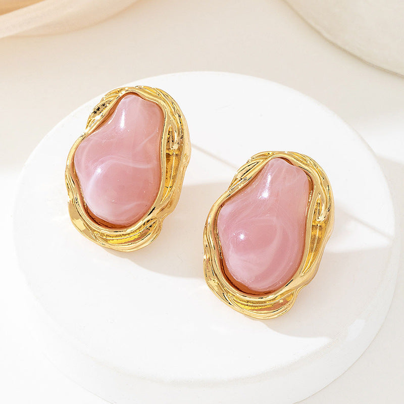 A Pair of Vintage Baroque Statement Earrings - Chunky Gold Tone Irregular Studs with Pink Faux Stone - Stainless Steel Pin Fashion Jewellery for Women