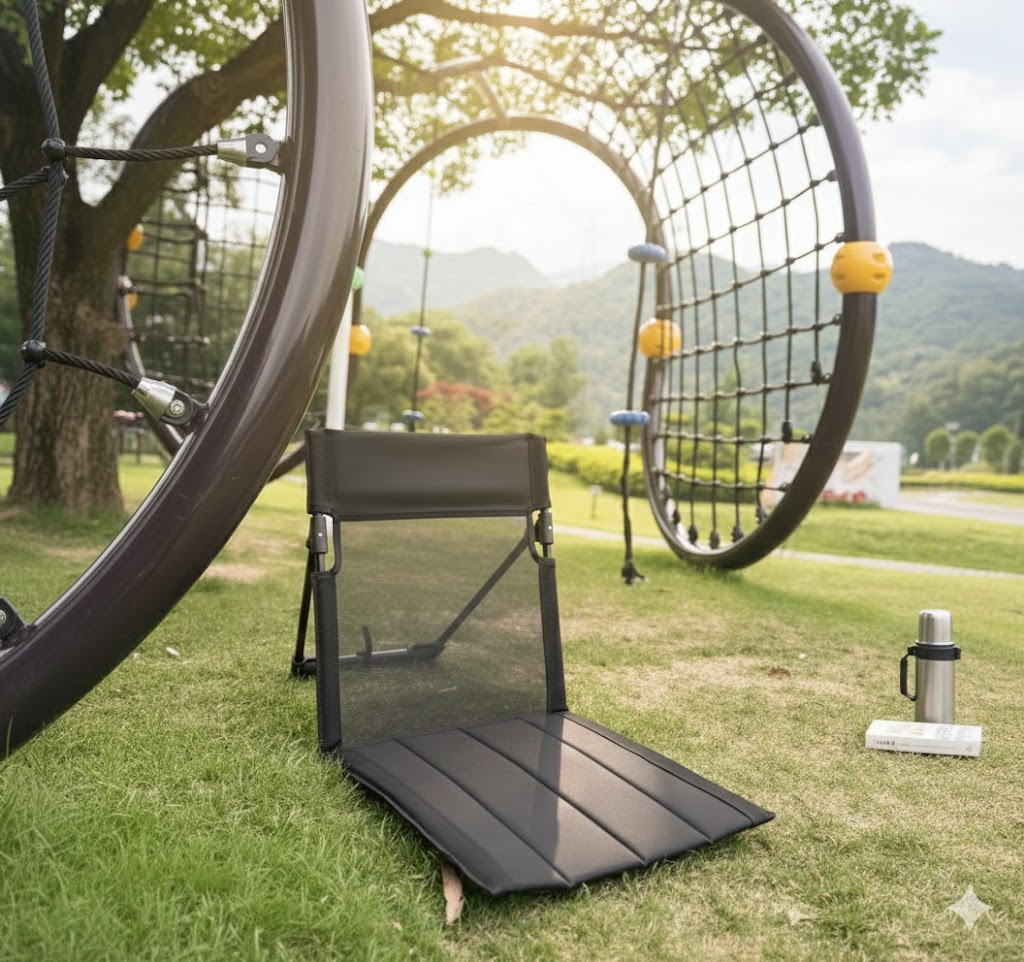 Portable Ground Chair with Back Support - Foldable Outdoor Floor Seat with Sturdy Iron Frame - Black Oxford Fabric for Picnics, Festivals &amp; Camping