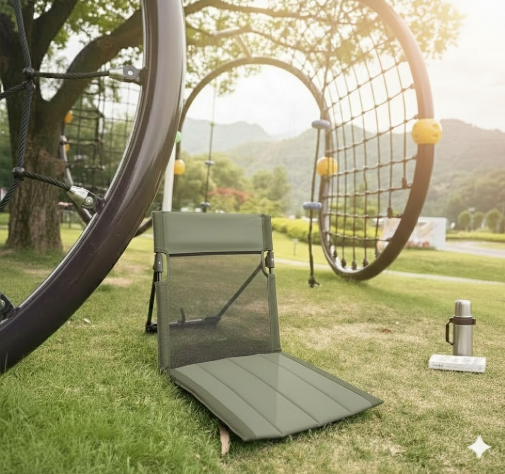 Portable Ground Chair with Back Support - Foldable Outdoor Floor Seat with Sturdy Iron Frame - Dark Green Oxford Fabric for Picnics, Festivals &amp; Camping