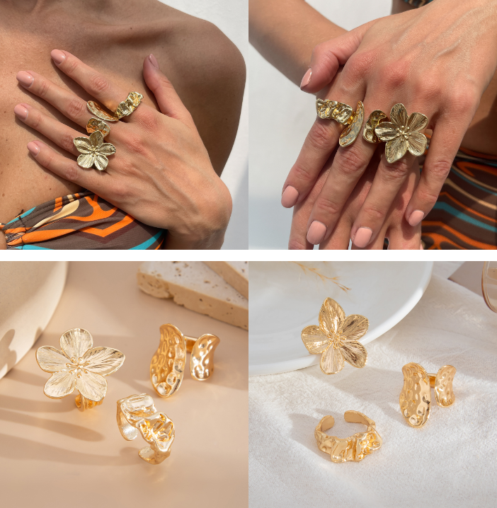 3-Piece Molten Gold Tone Ring Set - Vintage Baroque Flower & Abstract Liquid Metal Design - Adjustable Open Cuff Stackable Jewelry for Women
