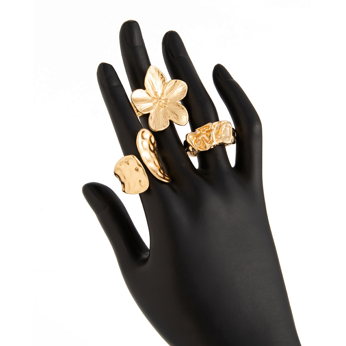 3-Piece Molten Gold Tone Ring Set - Vintage Baroque Flower & Abstract Liquid Metal Design - Adjustable Open Cuff Stackable Jewelry for Women