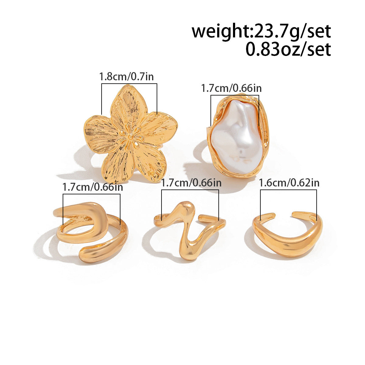 5 PCS Liquid Gold Tone Ring Set - Baroque Faux Pearl, Textured Flower & Abstract Wave Bands - Adjustable Boho Stackable Jewellery