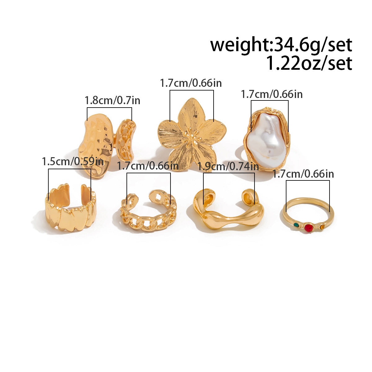 7-Piece Molten Gold Tone Ring Set - Baroque Faux Pearl, Flower, Chain Link & Abstract Shield Bands - Ultimate Adjustable Boho Stackable Jewellery