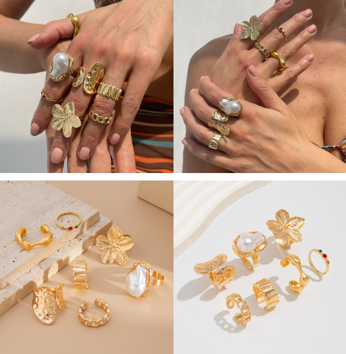 7-Piece Molten Gold Tone Ring Set - Baroque Faux Pearl, Flower, Chain Link & Abstract Shield Bands - Ultimate Adjustable Boho Stackable Jewellery