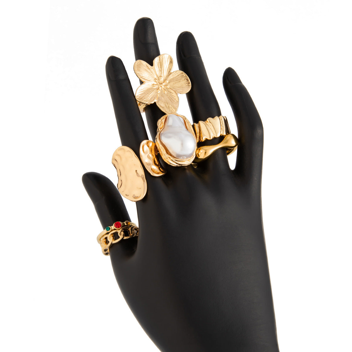 7-Piece Molten Gold Tone Ring Set - Baroque Faux Pearl, Flower, Chain Link & Abstract Shield Bands - Ultimate Adjustable Boho Stackable Jewellery